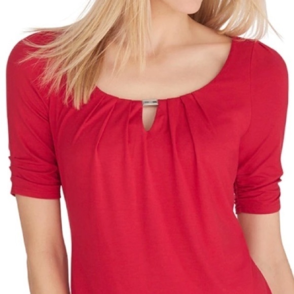 WHBM The Modern Elbow Sleeve Red Pleated Keyhole Tee. D/3/A1285 - Picture 3 of 8
